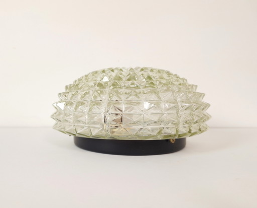 Vintage textured glass flush mount ceiling or wall light, jantar glass sconce lamp, wall light 1970s round glass