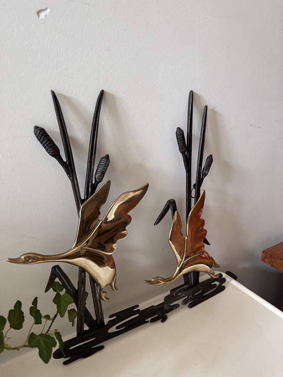 Image 1 of Decorazione murale in ottone con cigni di Canne