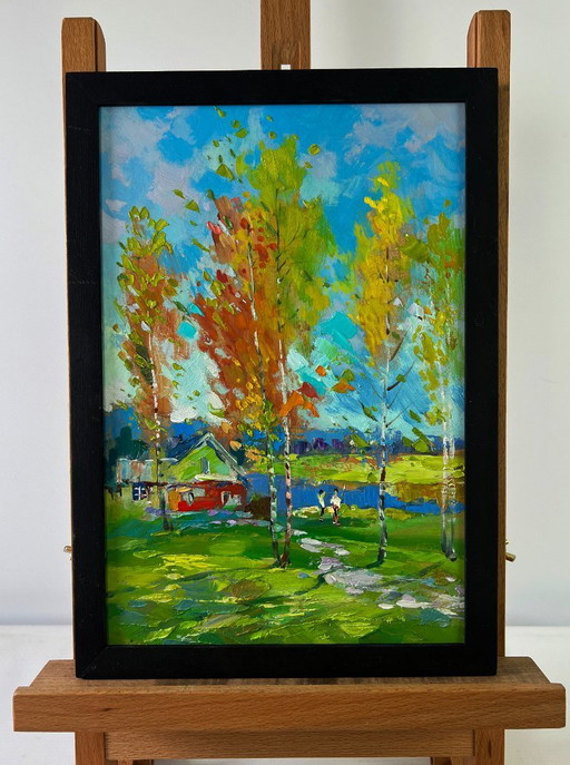 Original Oil Painting Autumn Village Landscape In The Silence Of The Birch Grove