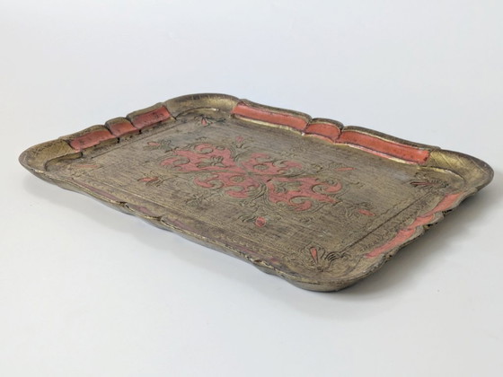 Image 1 of Vintage Florentine Gilt Wood Tray | Hand-Painted Orange & Gold | Midcentury Italian Baroque Decor