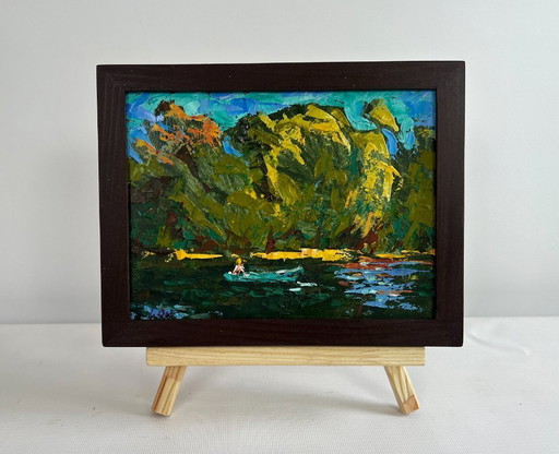 Original Oil Painting Summer River Landscape Boating holidays