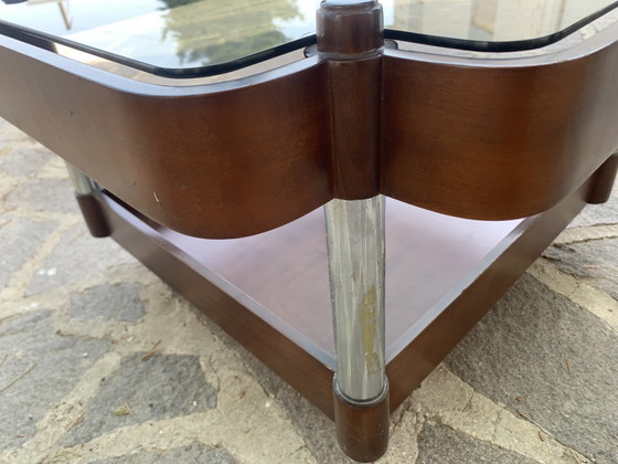 Image 1 of Vintage 1970s Coffee Table - Smoked Glass and Curved Wood with Double Shelf - 66x66x37 cm
