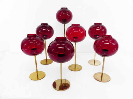 Set of 7 Hans-Agne Jakobsson AB Markaryd NR135 red candleholders, Sweden, circa 1950-1960