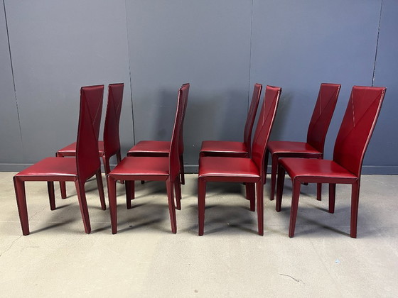Image 1 of Esszimmerstühle aus rotem Leder von Roche Bobois France, 1980er Jahre – 8er-Set