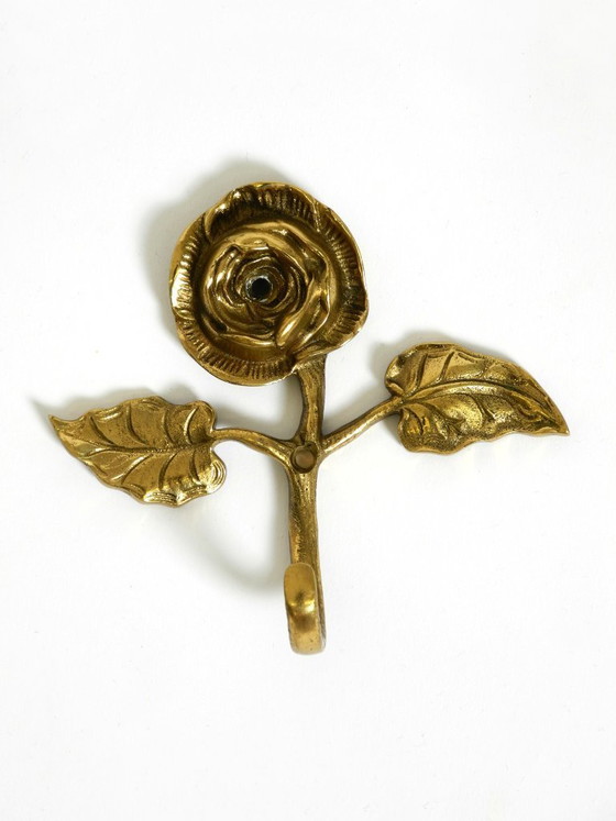 Image 1 of Set of five beautiful, solid mid-century brass rose wall coat hooks