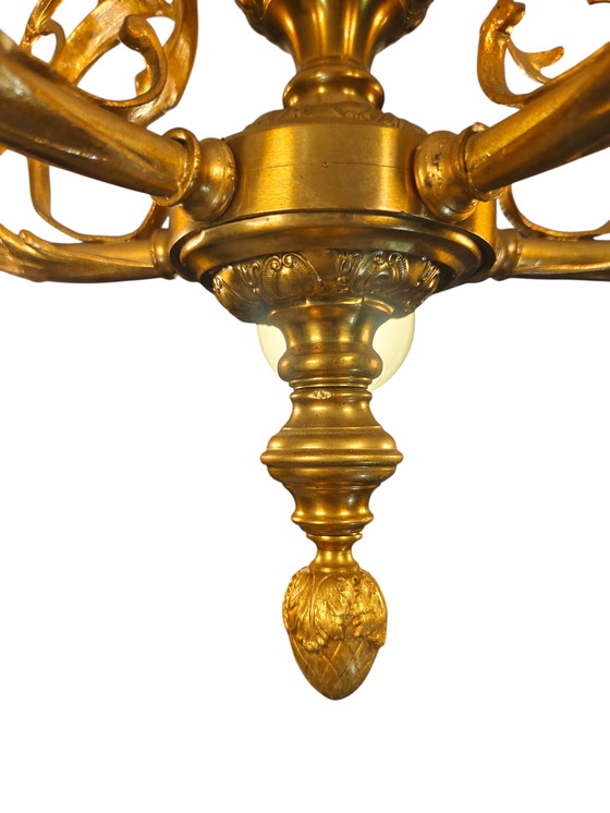 Image 1 of Große Messing-Hängeleuchte im Hollywood-Regency-Stil – 5-flammig mit Opalglas (Ø ca. 92 cm)