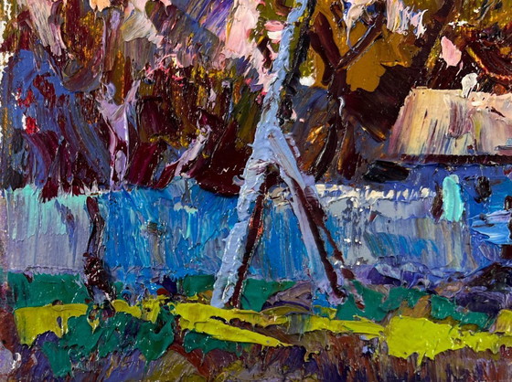 Image 1 of Pintura al óleo original Paisaje otoñal de pueblo Sombras del atardecer