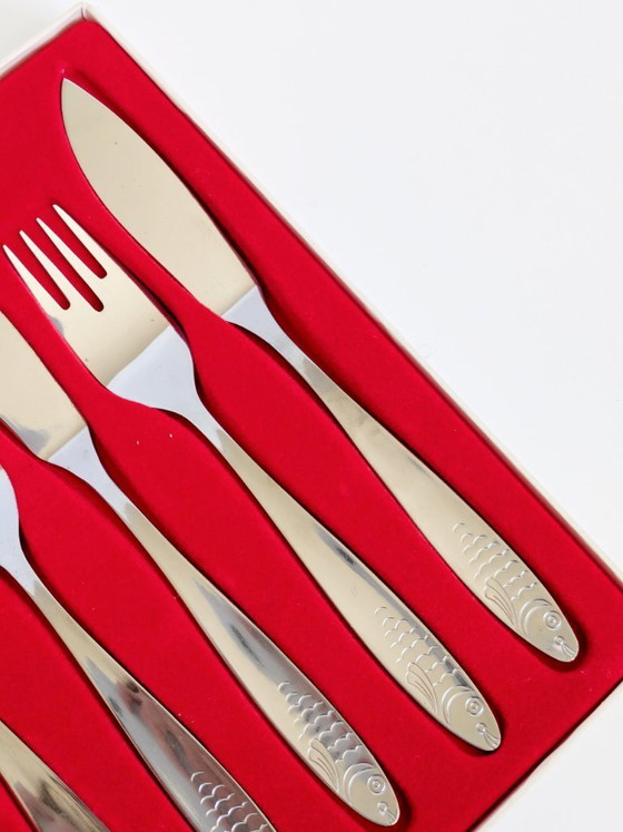 Image 1 of Service de couverts à poisson vintage WMF, 12 pièces, acier inoxydable, style années 1960, Allemagne