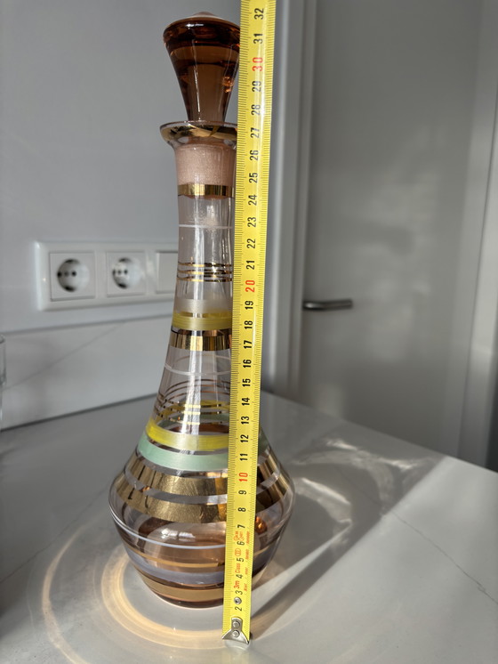 Image 1 of Decoratieve Boheemse Glazen Karaf met Gouden en Kleurbaden — Vintage Midden-Europees Glas