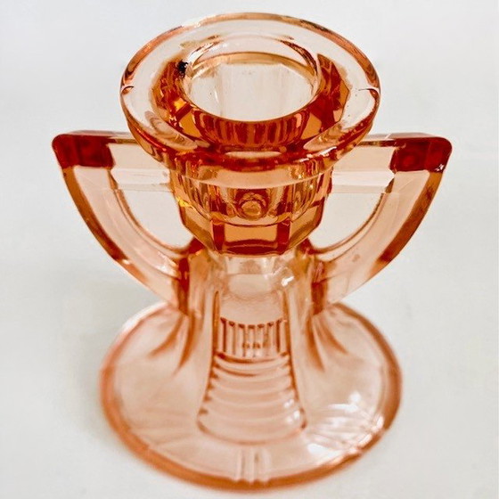 Image 1 of vintage art deco Val Saint Lambert Luxval pink candlestick 1930's