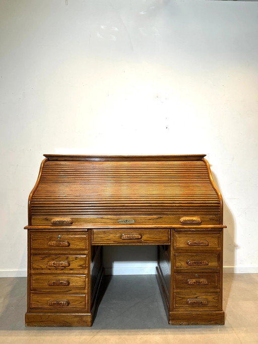 Escritorio archivador antiguo de roble con tapa enrollable y persiana enrollable – 150 cm – bureau
