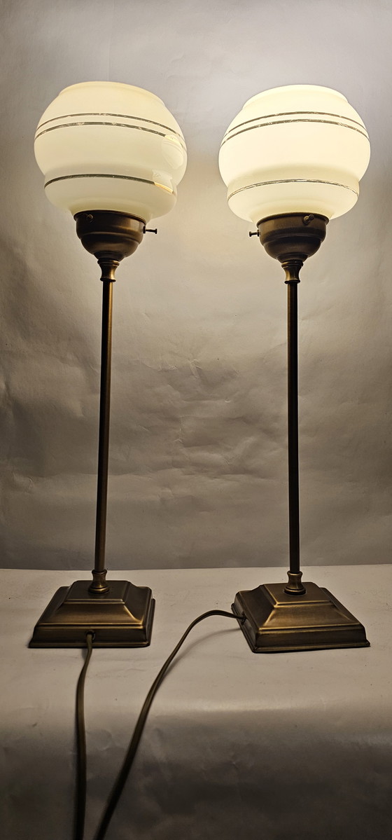 Image 1 of Uranium Lumi Lamp Art Deco Tafellampen – Uniek Uraniumglas / Annagroen set van 2