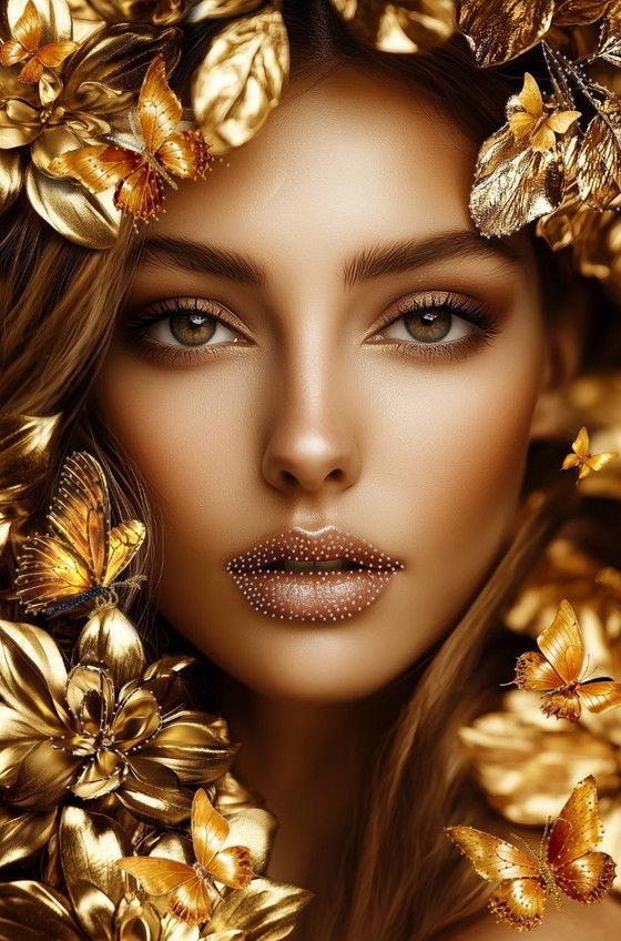 Image 1 of Volto di donna con fiori, farfalle e piume di pavone