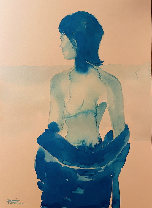 Signed painting watercolor monochrome blue portrait woman "weekend in Capri ".
