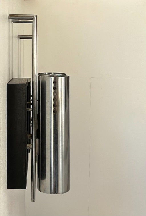 Pair of vintage wall lights, chrome-plated metal and blackened oak, France, 1970