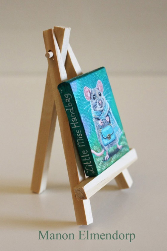 Image 1 of Unique Hand-Painted Little Mouse with Handbag Painting New