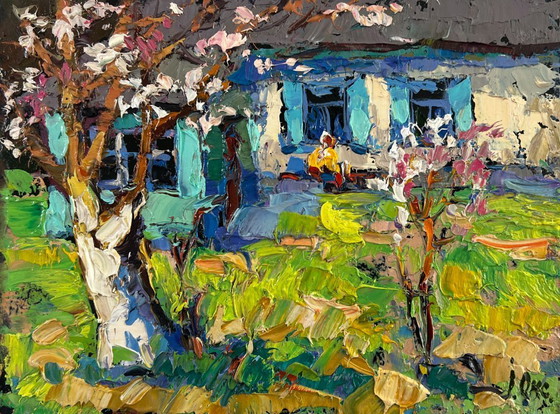 Image 1 of Original Oil Painting Summer House Landscape Silence and sun in the yard