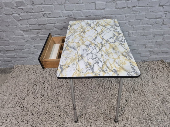 Image 1 of Vintage Design Kitchen Table with Marble-Effect Formica Top and Drawer – The Netherlands, 1950s