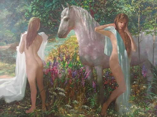 Peinture à l'huile originale Filles abstraites Cheval Été