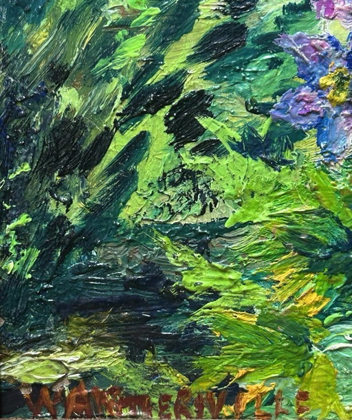 Dipinto ad olio di paesaggio con fiori da giardino modernista vintage degli anni '80, firmato