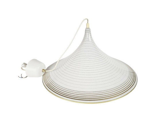 Image 1 of Lampada a tromba vintage - cappello da strega - Meblo - lampada a sospensione - plastica - oro - anni '70