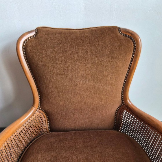 Image 1 of COPPIA DI POLTRONE BERGERE VINTAGE DEI PRIMI DEL XX SECOLO IN RATTAN E LEGNO, SUPERBAMENTE CURVE