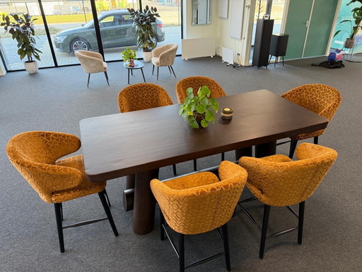 Richmond hoge tafel kersenhout 97x219cm set met 6 stoelen indigo triangle zithoogte 68 cm