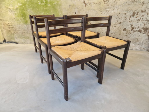 5 Chaises de salle à manger vintage à assise en corde