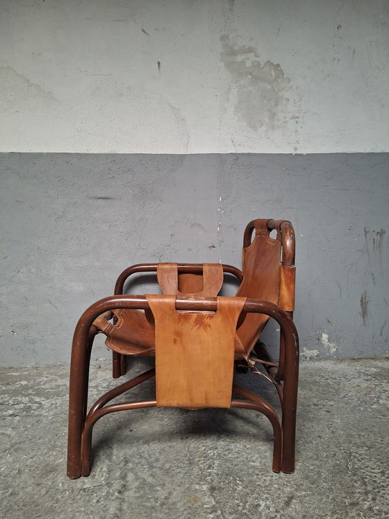 Image 1 of 2 poltrone safari in pelle e bambù di Tito Agnoli per Bonacina