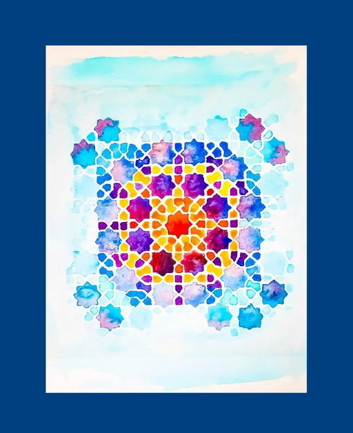 Acuarela original azulejo mozárabe. Cuadro azulejo árabe. Pintura geométrica. Acuarela con motivo geométrico.  Nueva.