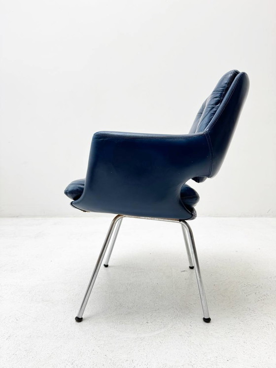 Image 1 of Set of 6: Swiss Mid - Century Chairs in Blue Leather with Velcro Cushions, 1960s