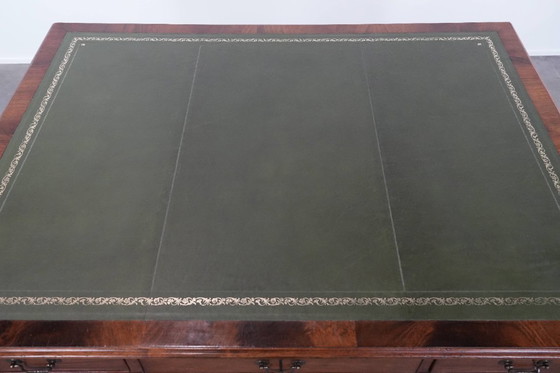 Image 1 of Antieke Schrijftafel/ Bureau/ Partner Desk Uit Begin 20e Eeuw Met 6 Lades En Een Donkergroen Lederen Blad In Engelse Stijl