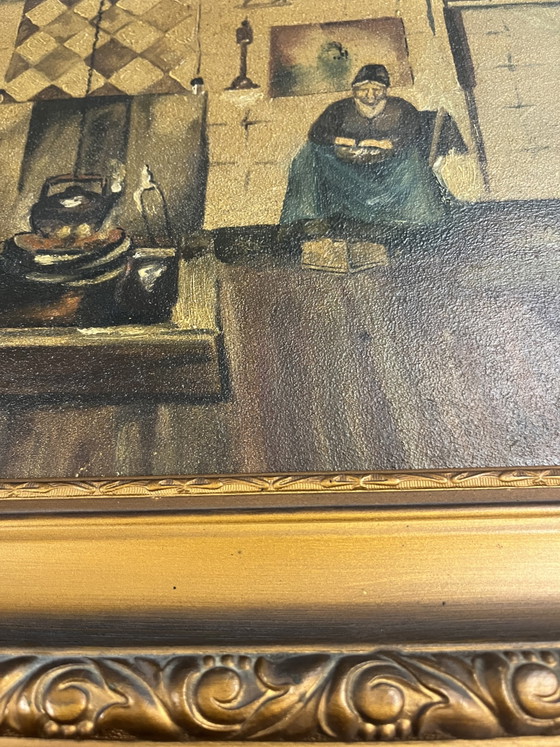Antique oil painting on wooden panel (1920) – Signed – Interior with fireplace – Includes original frame (photo 8 of 10)