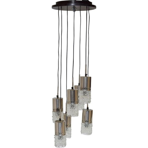 Lampadario, cascata vintage, 7 sospensioni cromate e in vetro