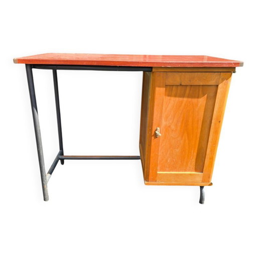 Scrivania vintage anni '50 in laminato rosso, legno e metallo. – bureau, Plastic