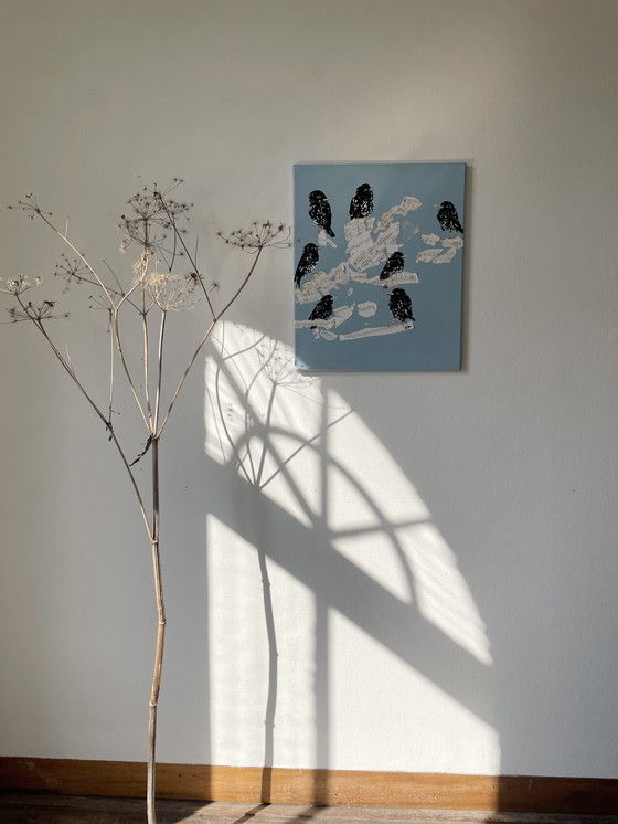 Image 1 of Schilderij van Spreeuwen