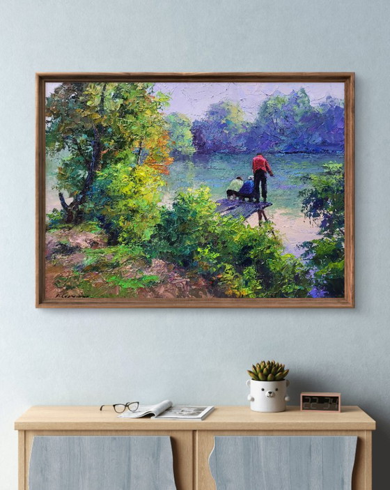 Image 1 of Dipinto ad olio originale Paesaggio naturale Foresta Fiume Pesca mattutina