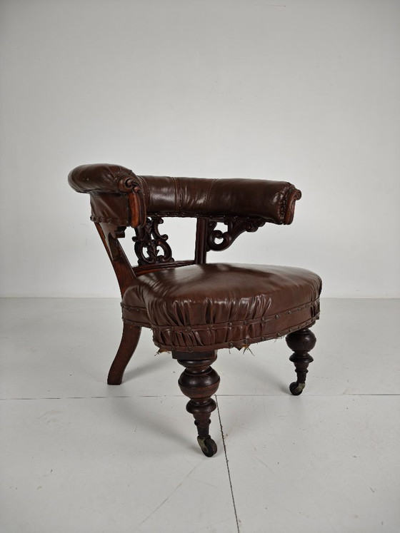 Antique Leather Armchair by Robson & Son – Carved Wood & Castors, Newcastle (photo 11 of 11)