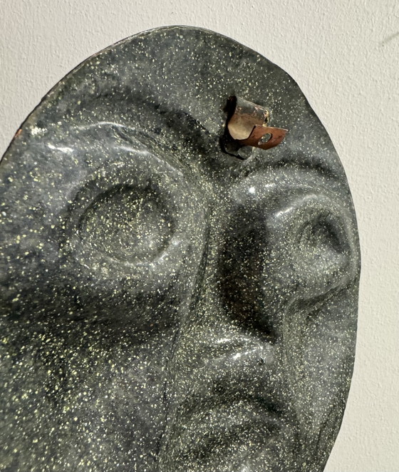 Image 1 of 1960s repoussé and enameled brass face sculpture