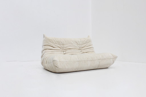 Vintage Togo 2 Seater Sofa Beige Velvet Ligne Roset Michel Ducaroy