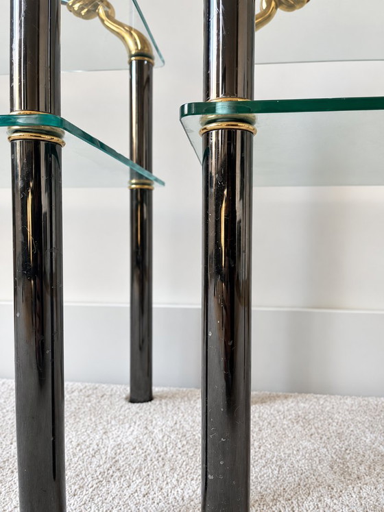 2 vintage side tables/nightstands, Hollywood Regency style, Metal, Glass, Black (photo 6 of 6)