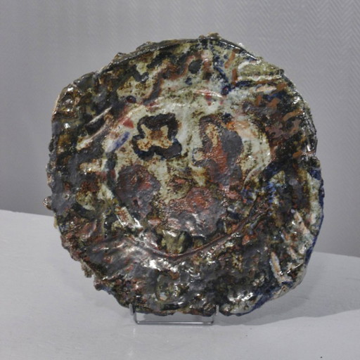 Large Glazed Stoneware Dish Polychrome Art Brut Abstract Brutalist XXth Century