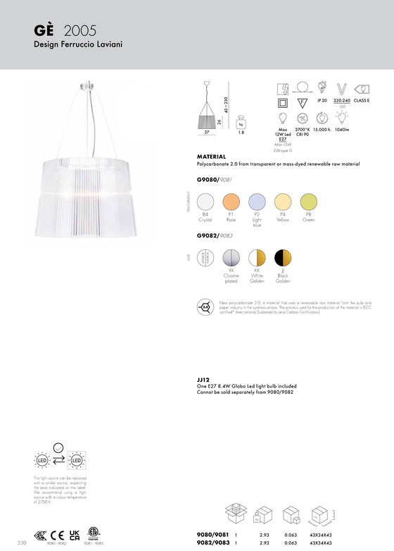 Image 1 of 3x Kartell, GÈ crystal, lampada a sospensione, trasparente