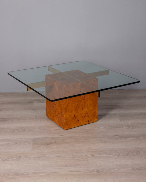 Vintage Couchtisch aus Bruyèreholz und Glas, italienisches Design der 1970er Jahre