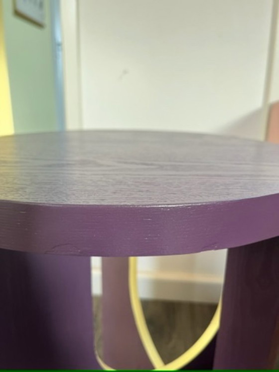 Image 1 of Unique upcycled design side table – Japandi with a funky twist, purple & butter yellow