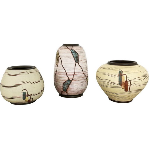 Ensemble de 3 vases en céramique vintage par Franz Schwaderlapp pour Sawa Ceramic, Allemagne 1960