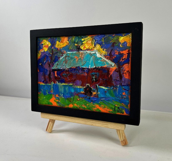Image 1 of Original Oil Painting Colorful House Landscape Sky disappears into silence