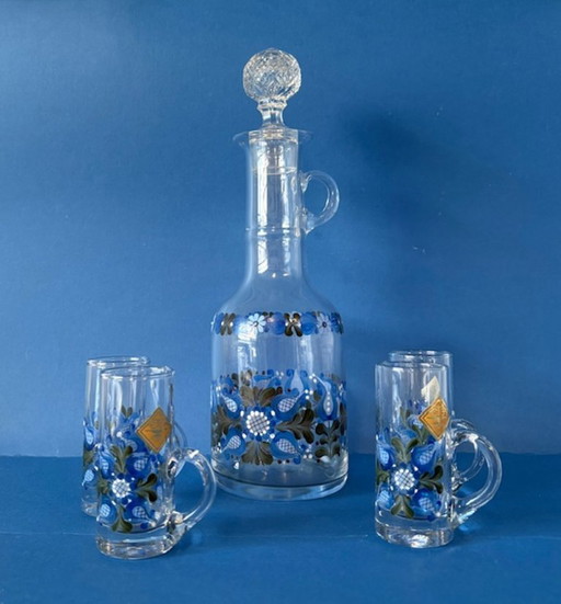 Unique hand-painted crystal carafe with 4 glasses, vintage