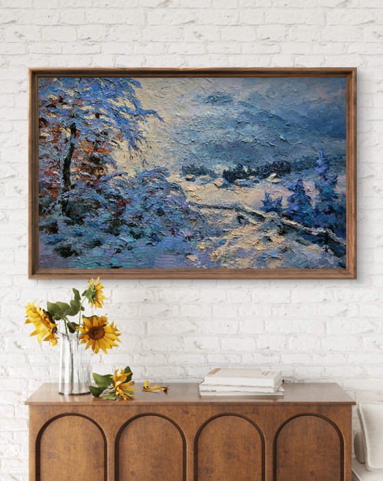 Original Oil Painting Evening Village Landscape In the Winter Mountains – Paintings & Drawings, Canvas (photo 3 of 7)