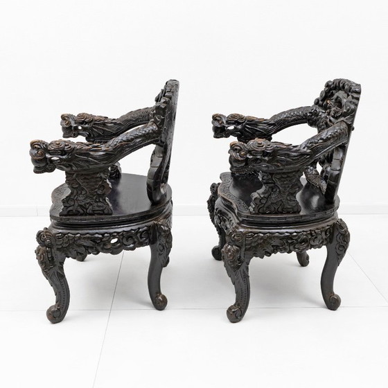 Image 1 of Pair of Chinese Qing Dynasty Carved Dragon Armchairs, Ebonized Hardwood, 19th